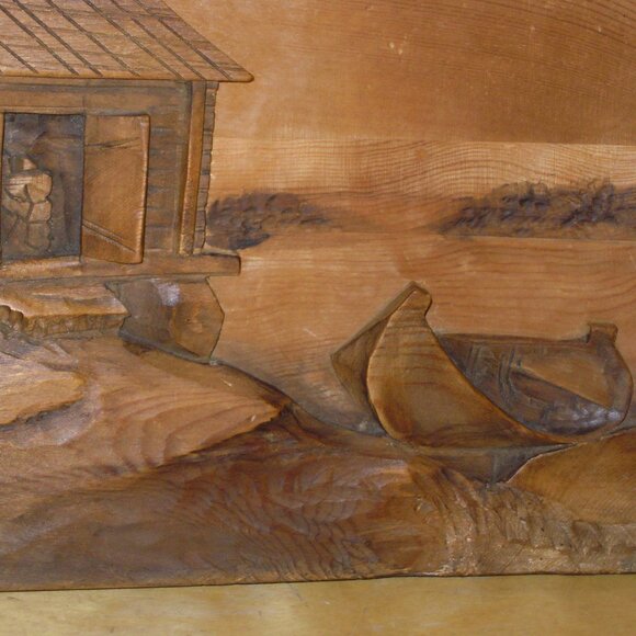 Vintage Wood Hand Carved Plaque Wall Art Picture Cabin Folk Art Decor Relief - Picture 2 of 5